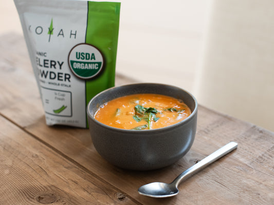 Tomato and Red Pepper Soup with celery powder. 5-Ingredient Recipe