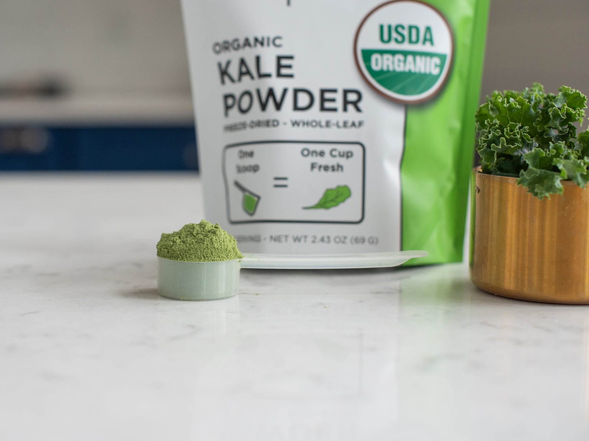 scoop of kale powder with pouch and fresh kale