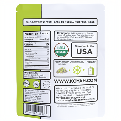 organic broccoli sprout powder back of pouch 