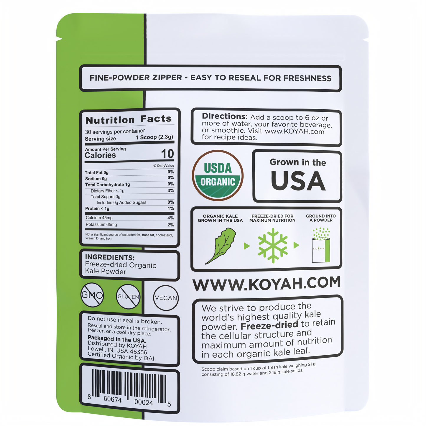 organic kale powder back of pouch 